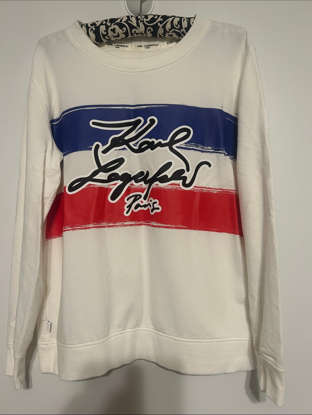 Karl Lagerfeld White Sweatshirt with Blue & Red Graphic Stripes